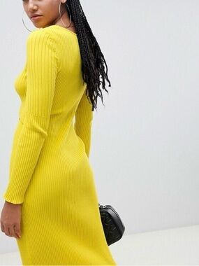 ASOS Long Sleeve Yellow Front Cutout Sweater Knit Dress, Size 8, Fall, NWT